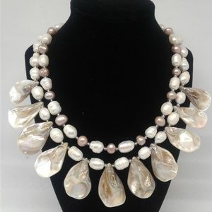 White and Pale Pink Freshwater Pearl Bib Necklace